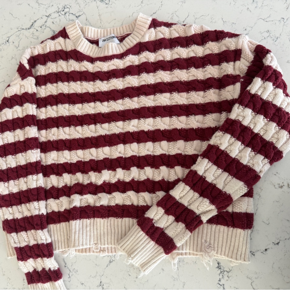 LNA Cream and Burgundy Striped Cable Knit Crew Sweater